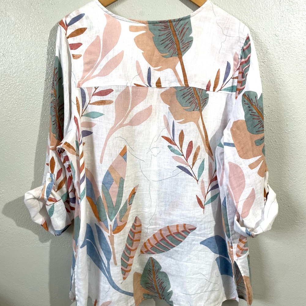Cynthia Rowley Tropical Linen Button Blouse Roll Sleeve Side Slit Semi Sheer 1X - Picture 3 of 8